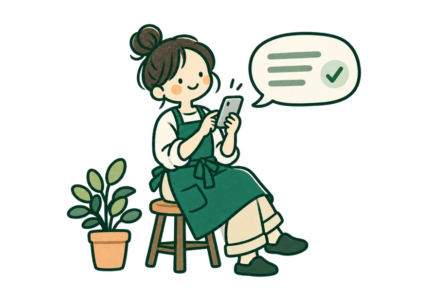スマホで返信案を確認し、ほっとする店主