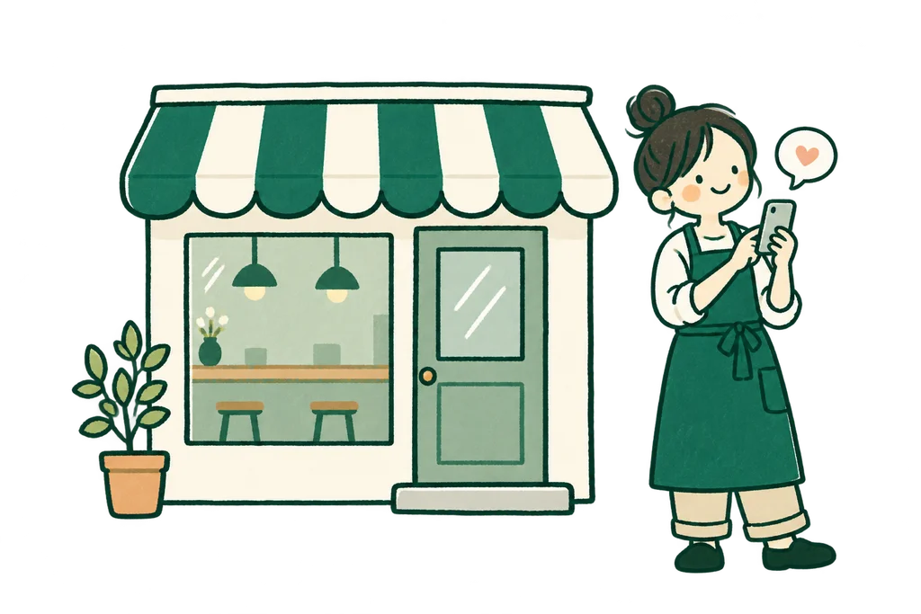スマホを手に、笑顔で口コミを確認するお店の人