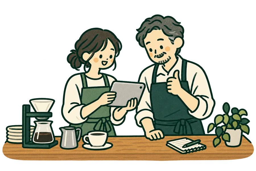 スタッフの返信案を、店長と一緒に確認する様子